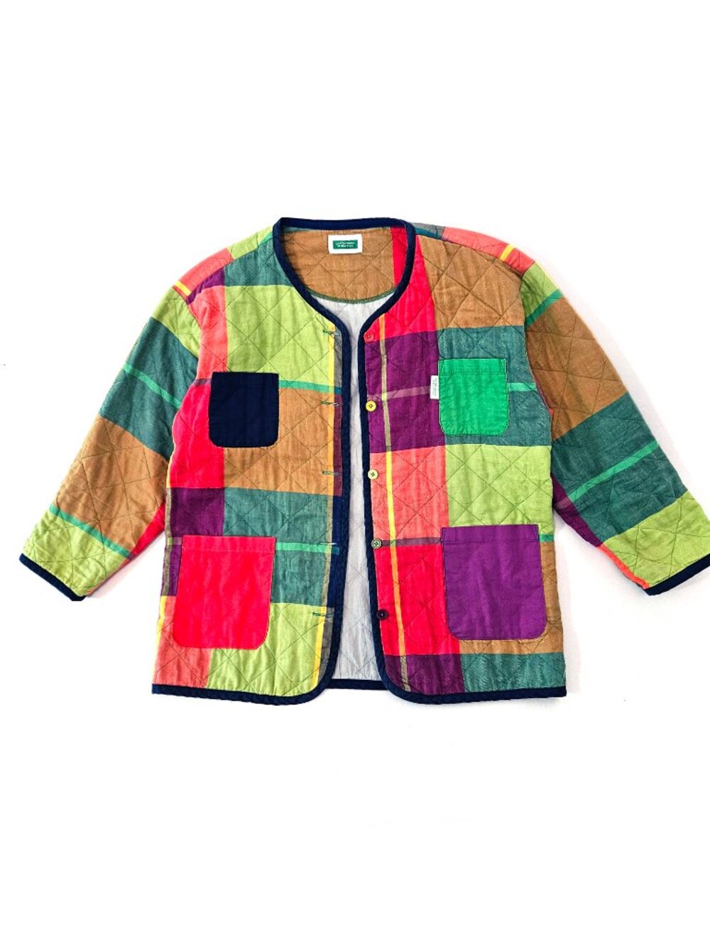 Vintage Benetton Rainbow Patchwork Quilted Colorblock Plaid Liner Jacket M/L - Picture 3 of 13